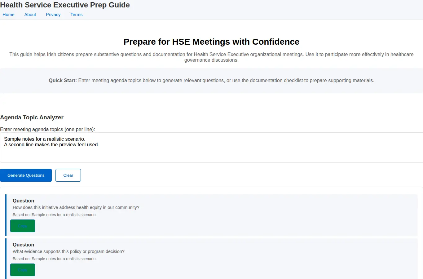Screenshot of Health Service Executive Prep Guide interface showing the project page in use